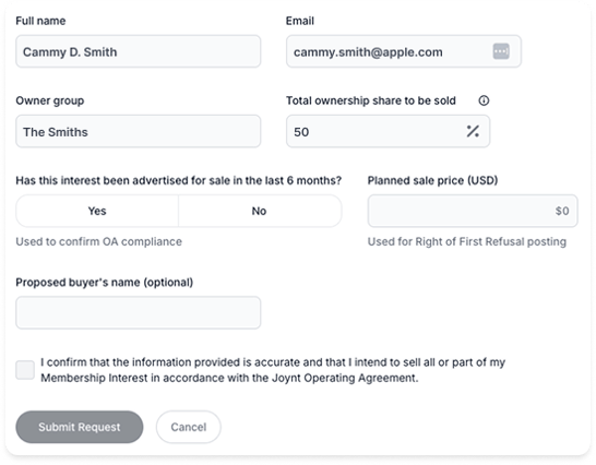 View of complete support form for requesting support to sell