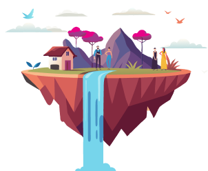 Illustration of a house with mountains, a waterfall and trees on a floating island 